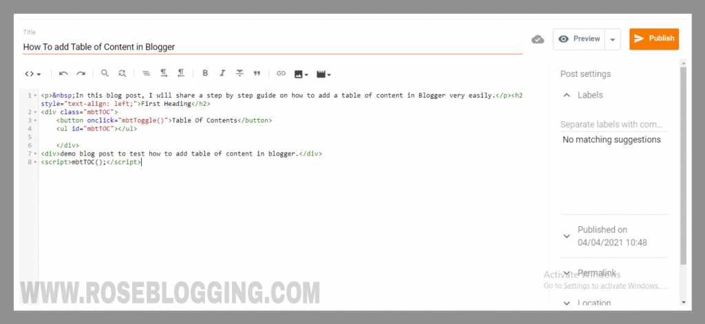 Add table of content in blogger