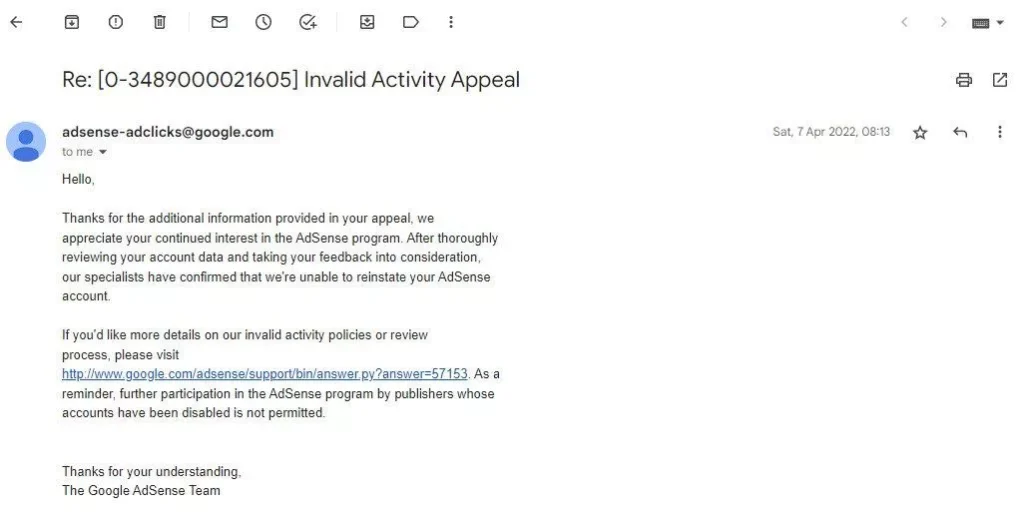 Adsense appeal email
