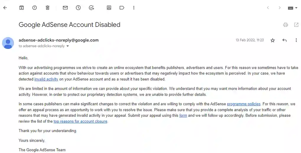 Google Adsense Account disabled